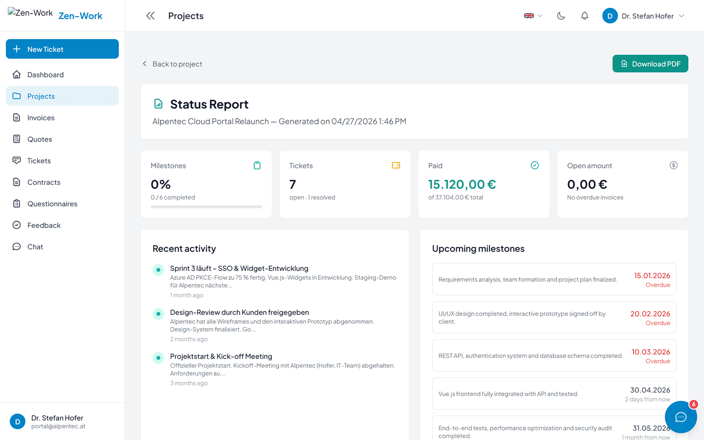 Status reports in the customer portal